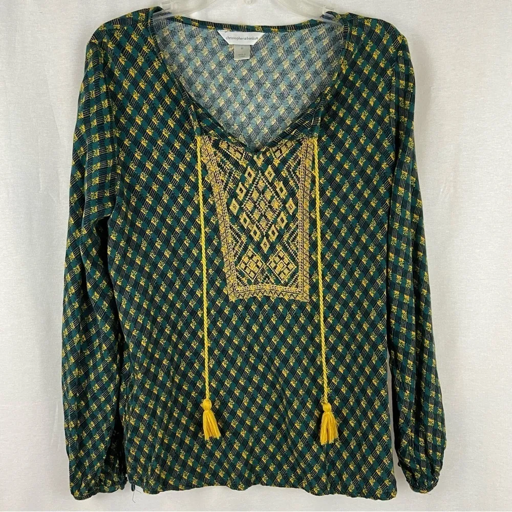 CHRISTOPHER & BANKS Green and Gold Boho Top with Tassels Women’s Size Medium - Image 35