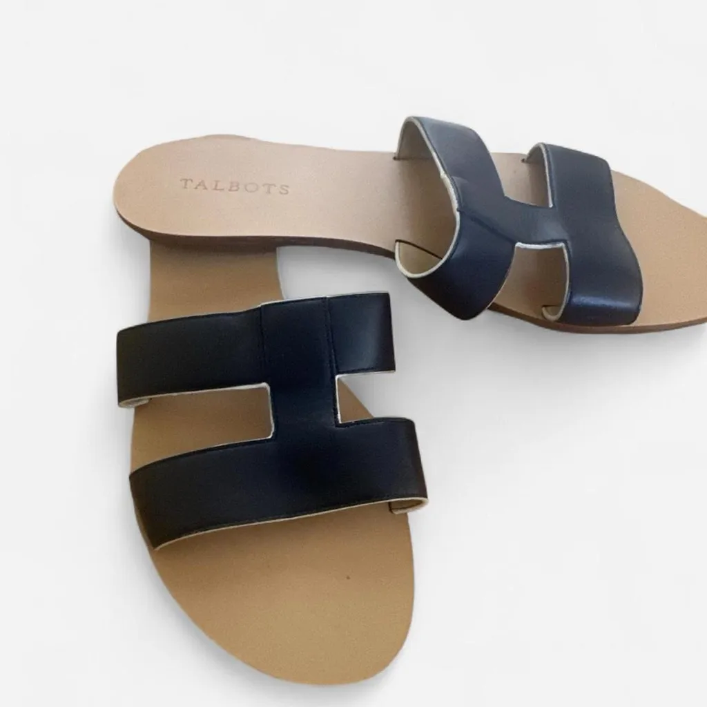 Talbots Black Leather Slide Sandals Size 10 | Classic H Cutout Flat Slides - Image 8