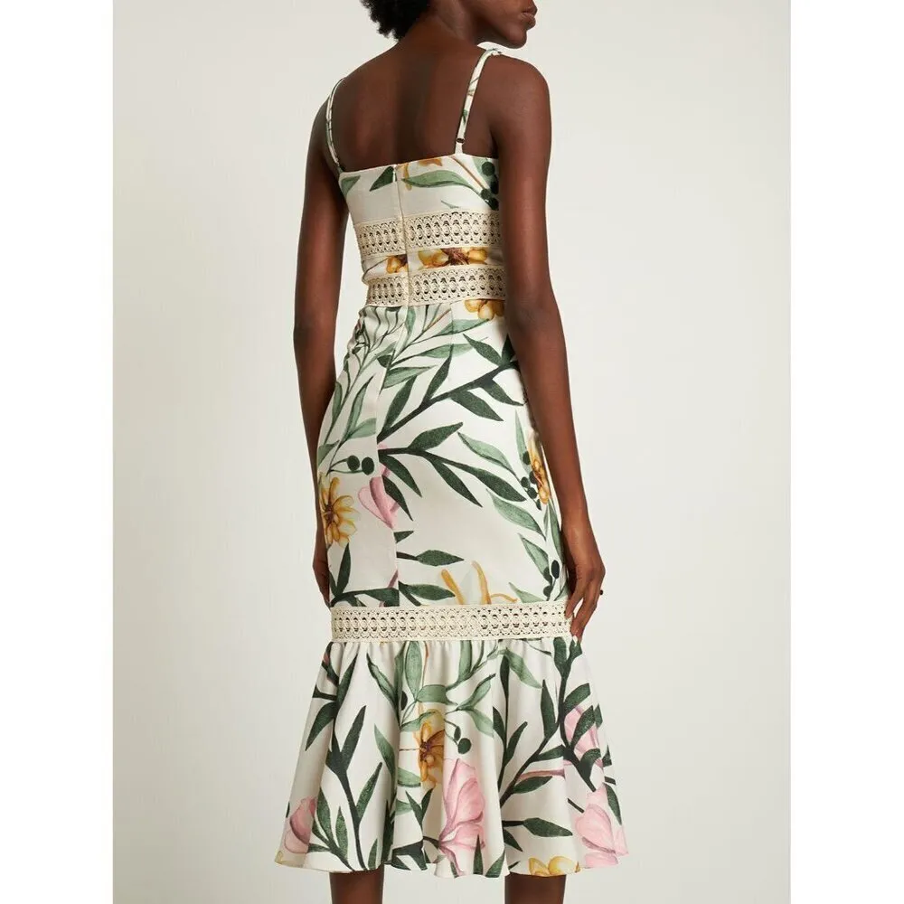 PatBO JAsmin Fitted Midi Dress in White 0 New Womens Floral Resort Green - Image 11