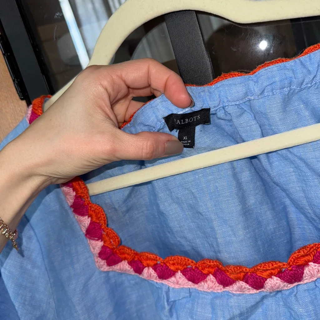 Tabolts crochet linen blouse top trim cross dye colorful bow short sleeve square - Image 3