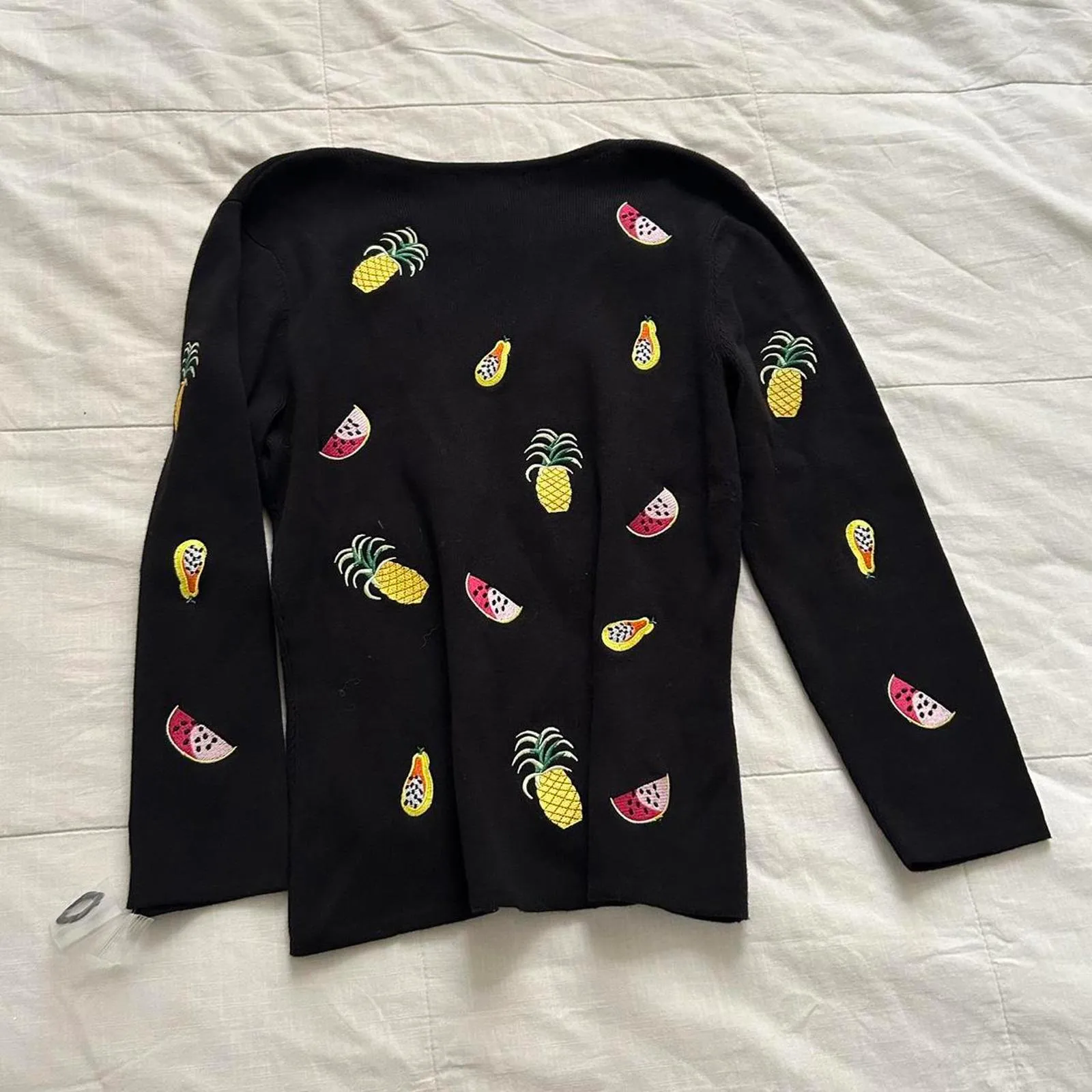 Alexandra Bartlett Black 3/4 sleeve sweater pineapple, watermelon, papaya Size M - Image 4