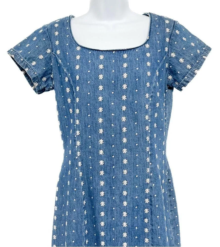 Vintage Floral Embroidered Denim Jean Midi Dress Short Sleeve Made in USA Size 4 Blue - Image 4