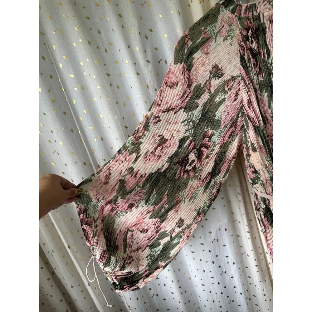 ASOS DESIGN Plisse Blouson Sleeve Romantic Floral Print Open Back Mini Dress 8 - Image 7