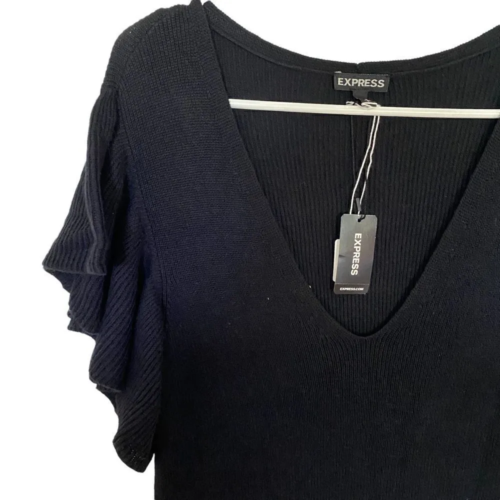 Express NEW black ribbed ruffle short sleeve sweater dress small - Image 2