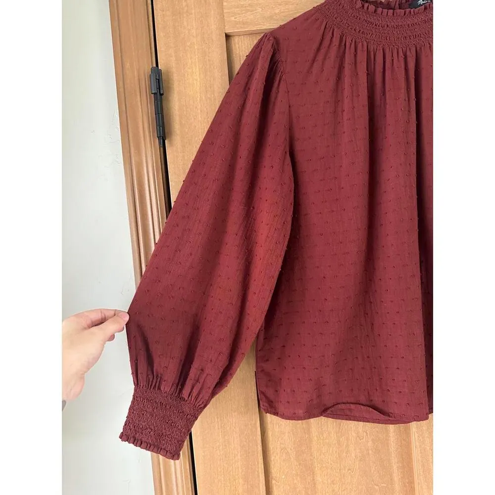 Madewell Burgundy Sheer-Sleeve Mockneck Blouse in Clip Dot Women’s size Medium​ - Image 4