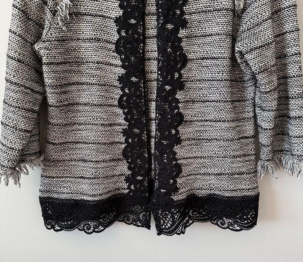 Chico’s Fringe Lace Wool Blend Cardigan Jacket Size 2 L Black & White Office - Image 3