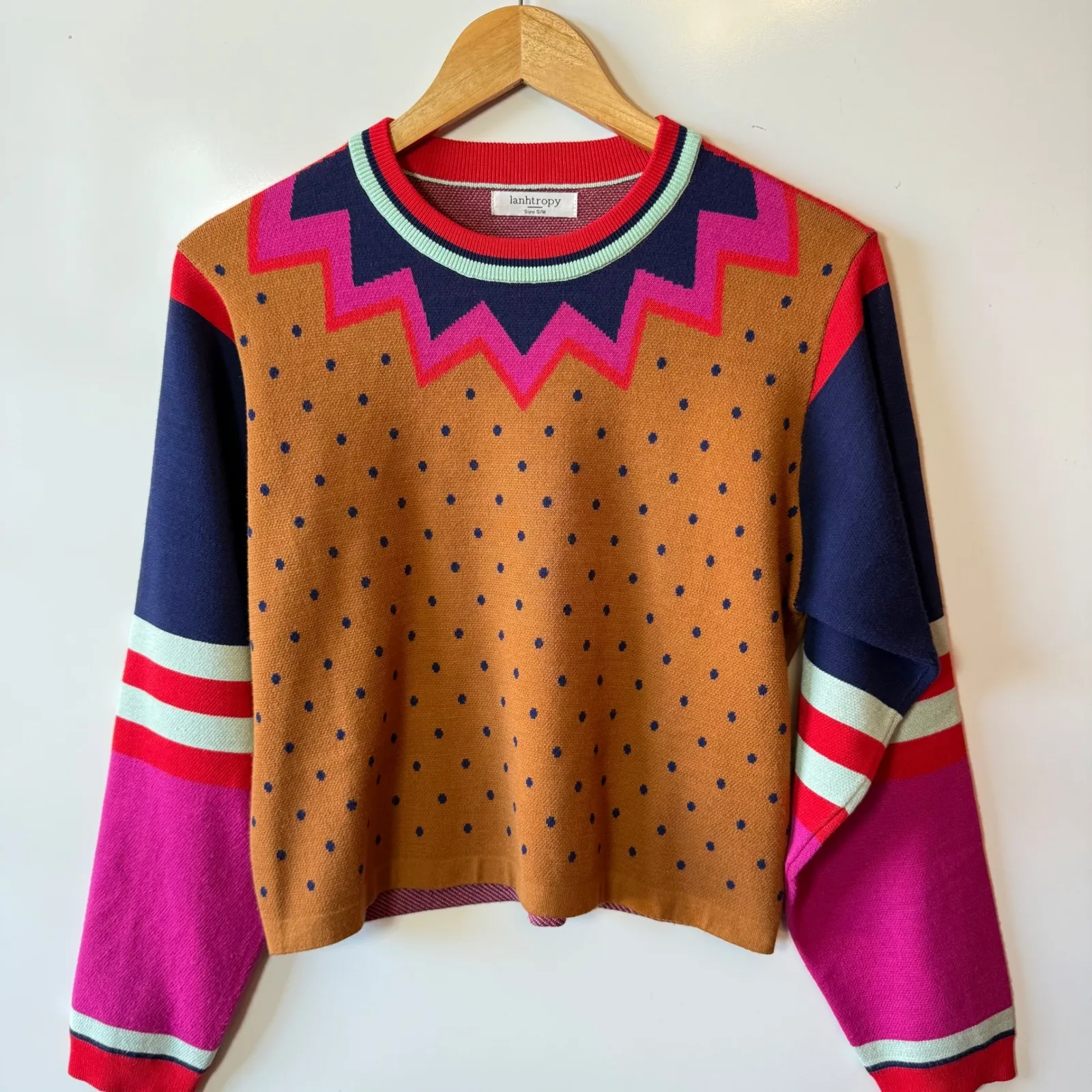 Lanhtropy Multi Color Polka Dot Geometric Knit Crew Neck Sweater S/M Brown Size undefined - Image 9