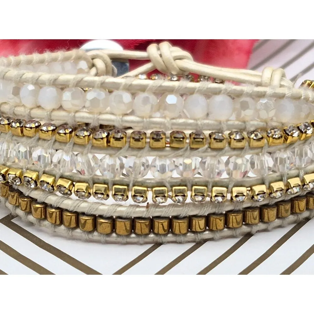 Victoria Emerson Gold & White Beaded Rhinestone Wrap Bracelet 23" Boho Casual - Image 9