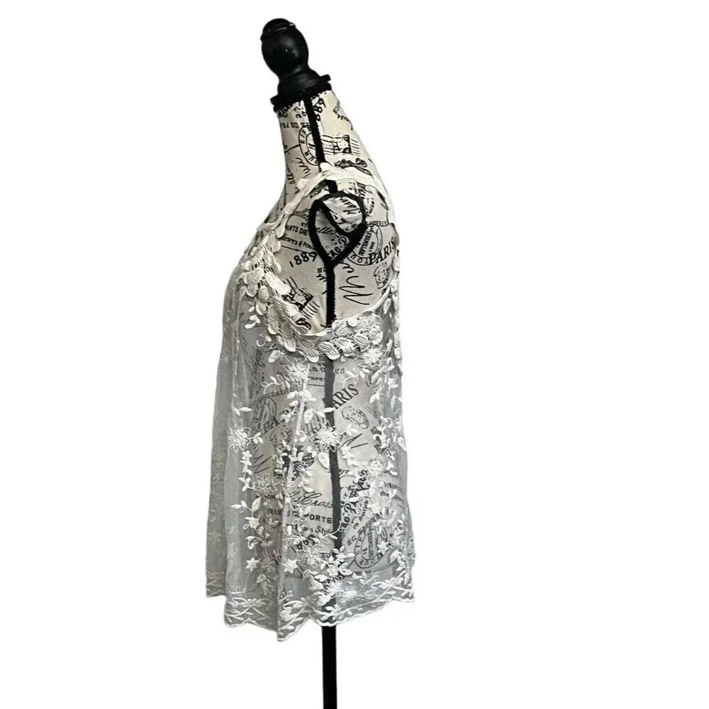 G Collection Womens Beige Lace Crochet Tunic Coverup Boho Sheer Y2k Blouse L White Size L - Image 4