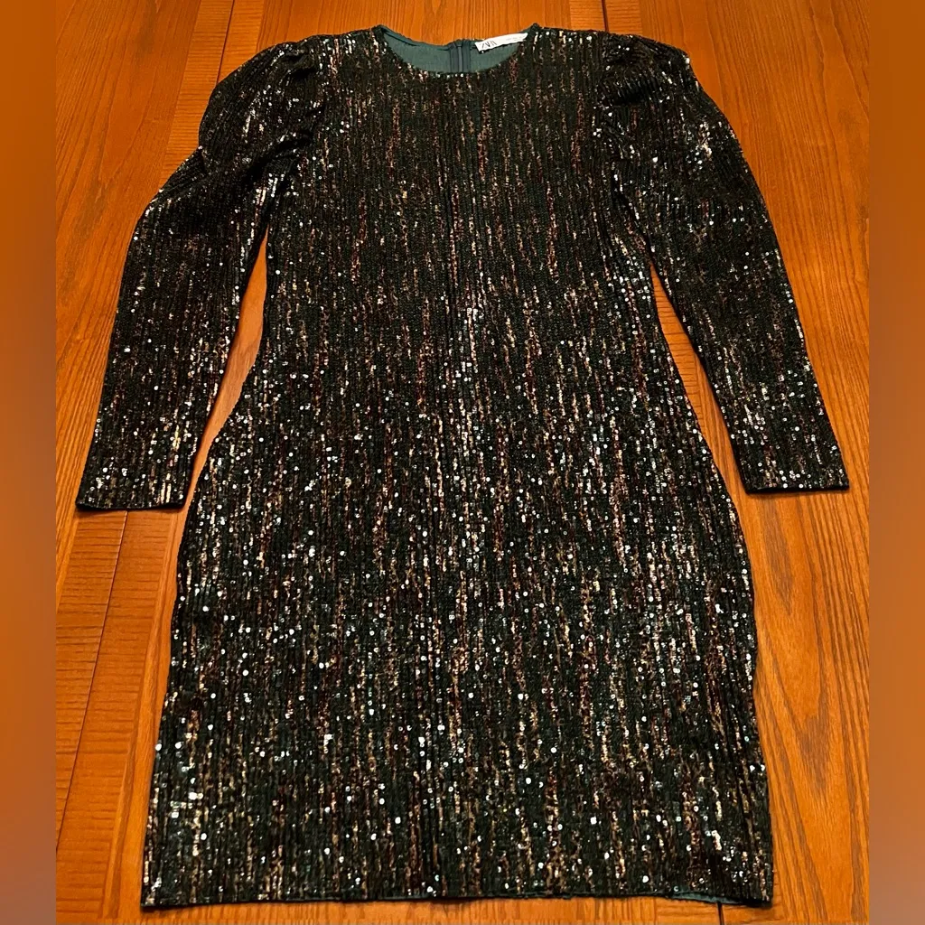 ZARA‎ Sequin Puff Long Sleeve Special Limited Edition Emerald Green & Gold Dress - Image 12