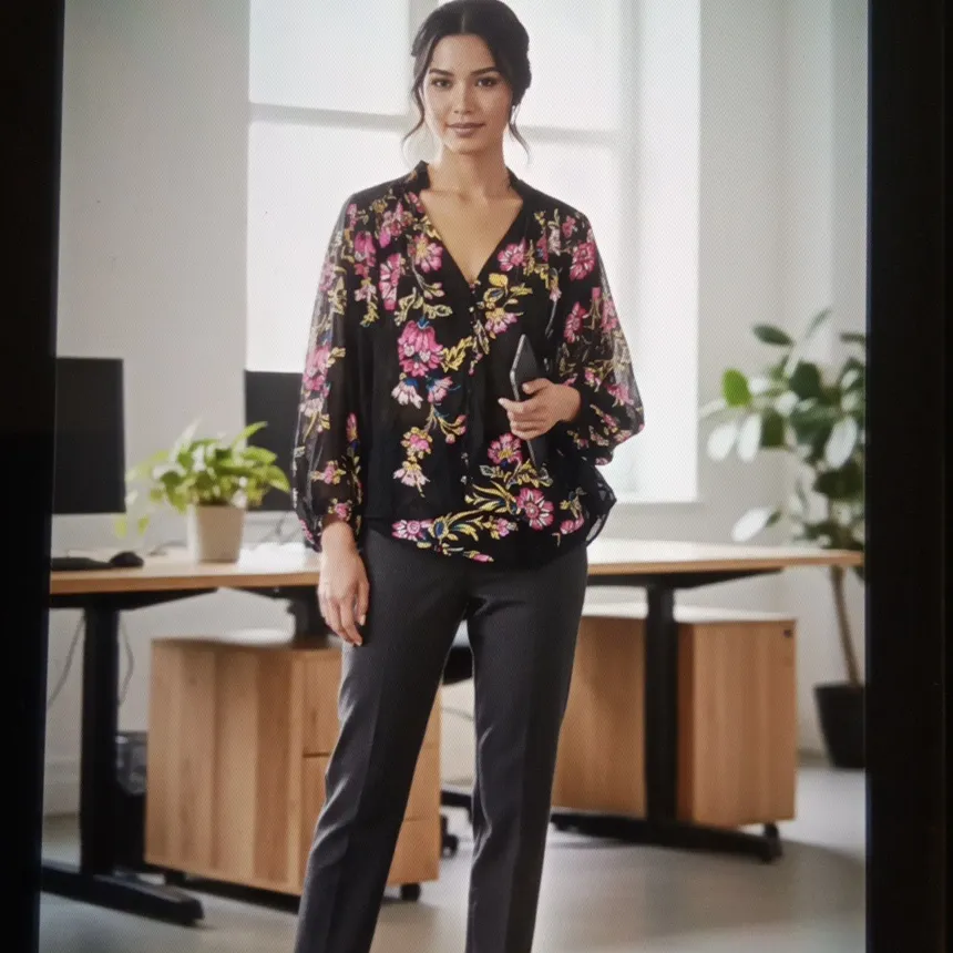 Anthropologie Black Floral Blouse with Pink Flowers Balloon Sleeves Viscose Smal - Image 5