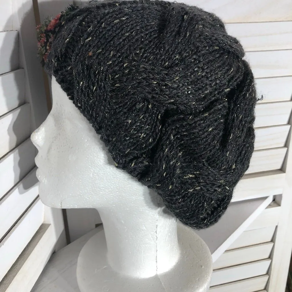 Grace Hats Beanie Beret Cable Knitted 3D Floral Appliqué Stretchy Gray One Size Black - Image 6