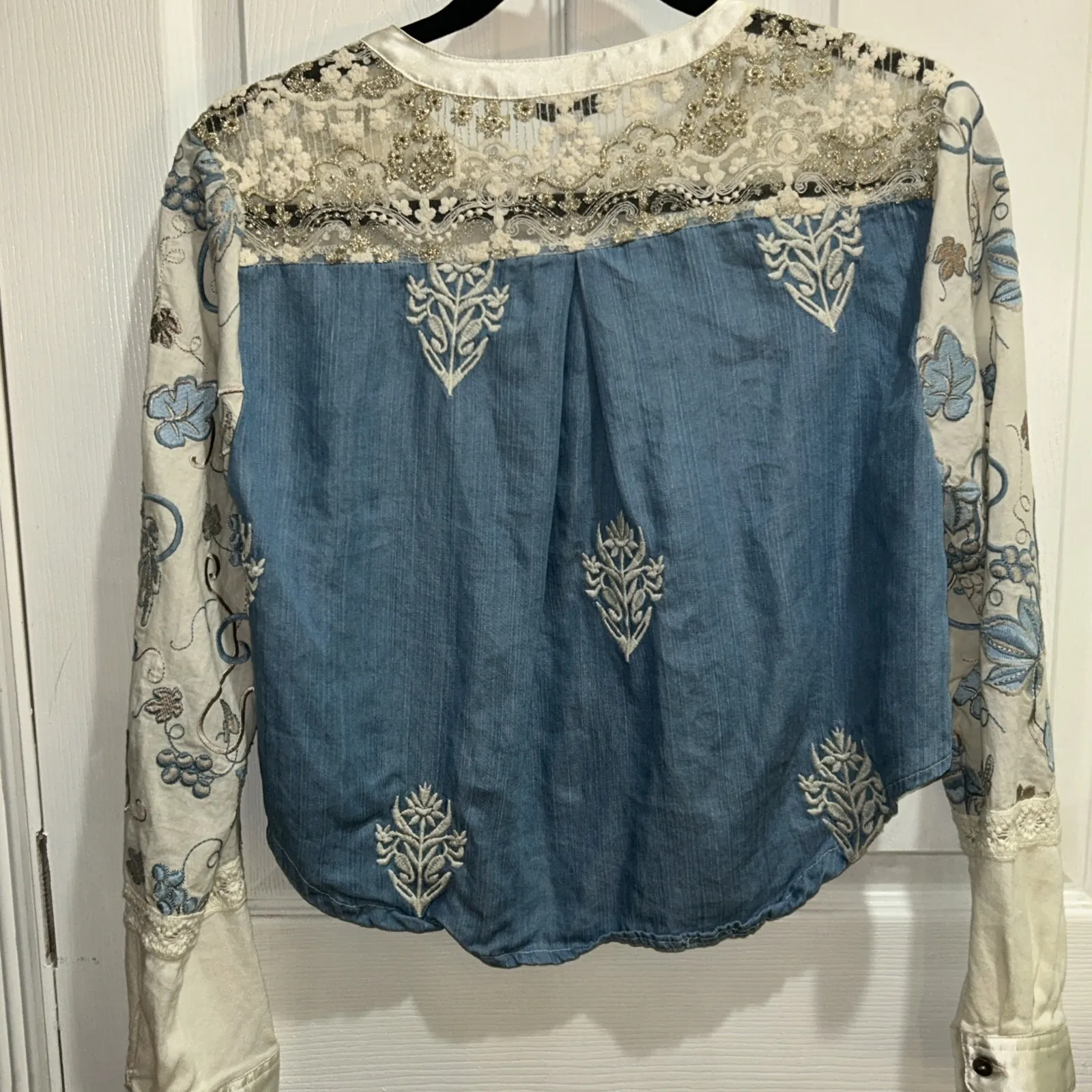 JOHN‎ MARK SMALL WHITE BLUE FLORAL EMBROIDERED BOHO COTTAGECORE LACE LONG SLEEVE - Image 5