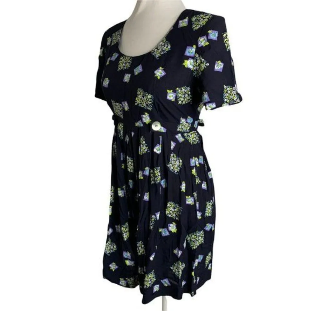 Vintage 90s Rayon Shorts Romper S Blue Floral Tie Waist Zipper Short Sleeves - Image 4