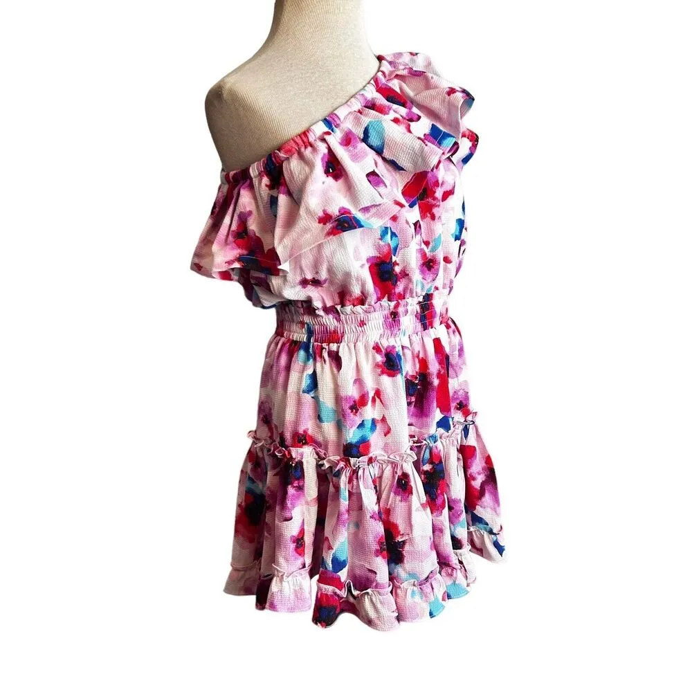 Buddy Love Sophia One Shoulder Dress Pink Floral Size Medium Mini Ruffle Tiered - Image 6