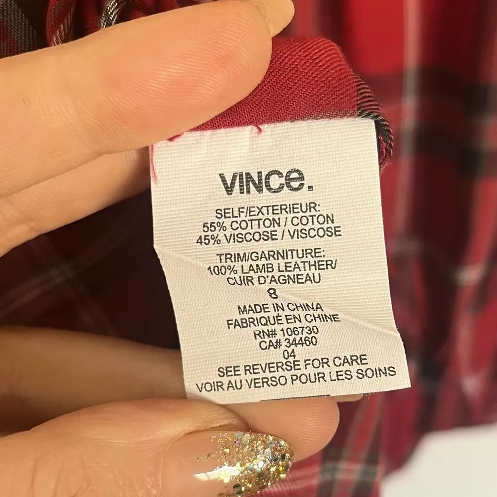 Vince Leather Trim Red Plaid Button Down Shirt Size 8 - Image 9