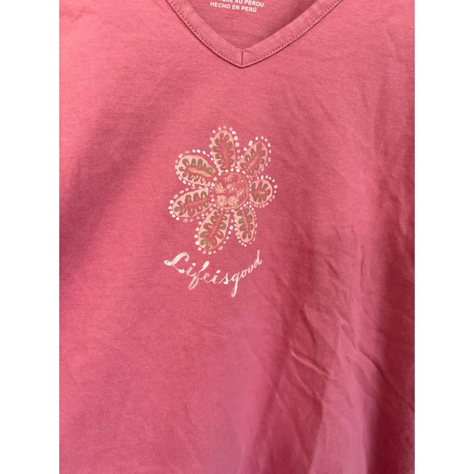 Life is Good Womens Large Sleep Pink V Neck T Shirt Flower Graphic Lounge Casual - Image 3