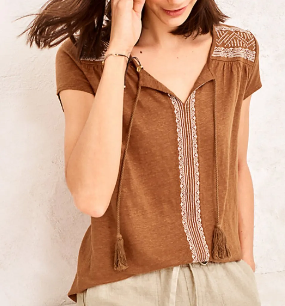 Garnet Hill Embroidered Organic-Linen Split-Neck Tee Size L Casual Boho Peasant - Image 1