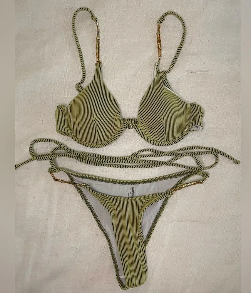 SHEIN Ribbed Chain Linked Lace Up Underwire Bikini, Green, Size S, NWOT - Image 6