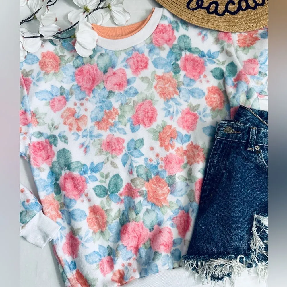 VTG Style Cottage Coquette Soft Fleece Texture Floral Double Crew Sweatshirt Size L - Image 4