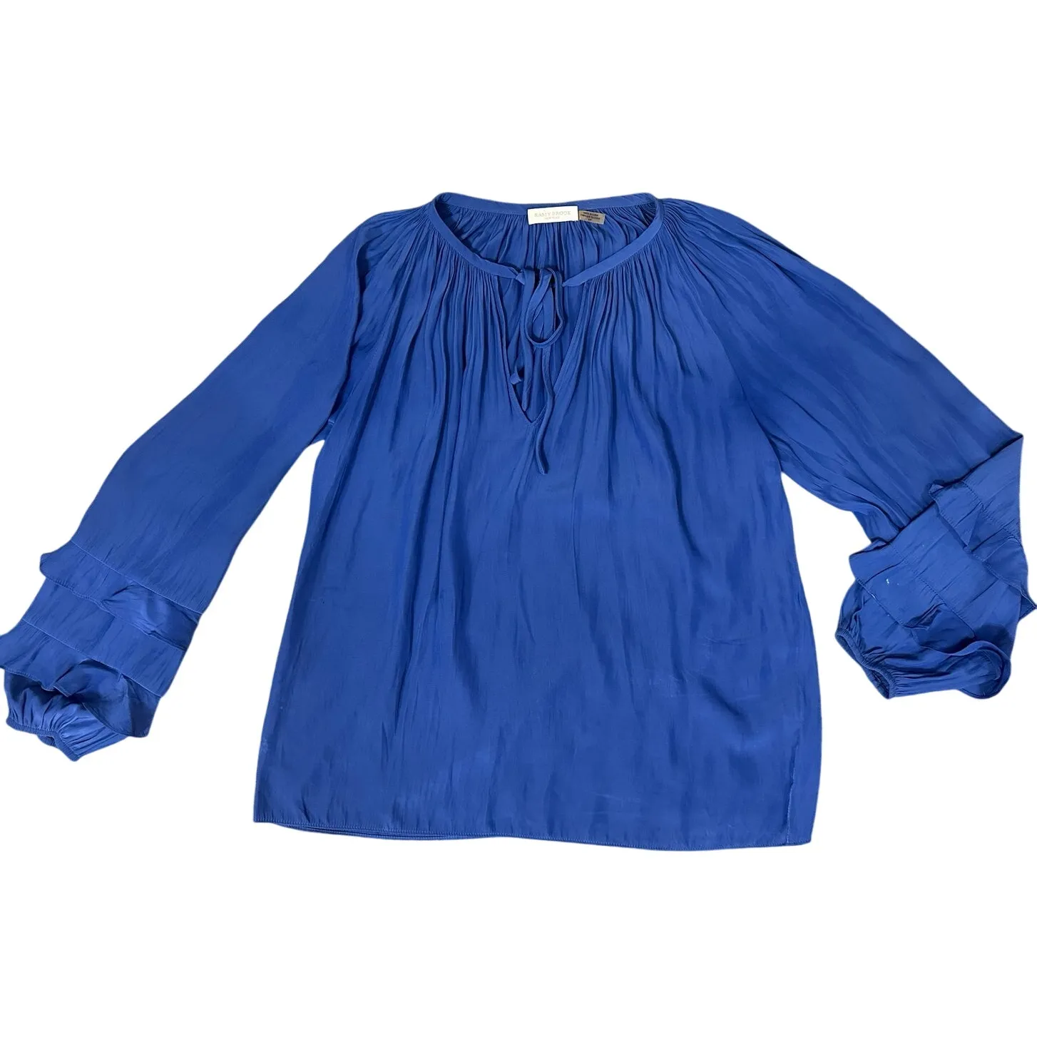 Ramy Brook Blouse Tie Neck Long Ruffle Sleeve Paris Blue - Image 3