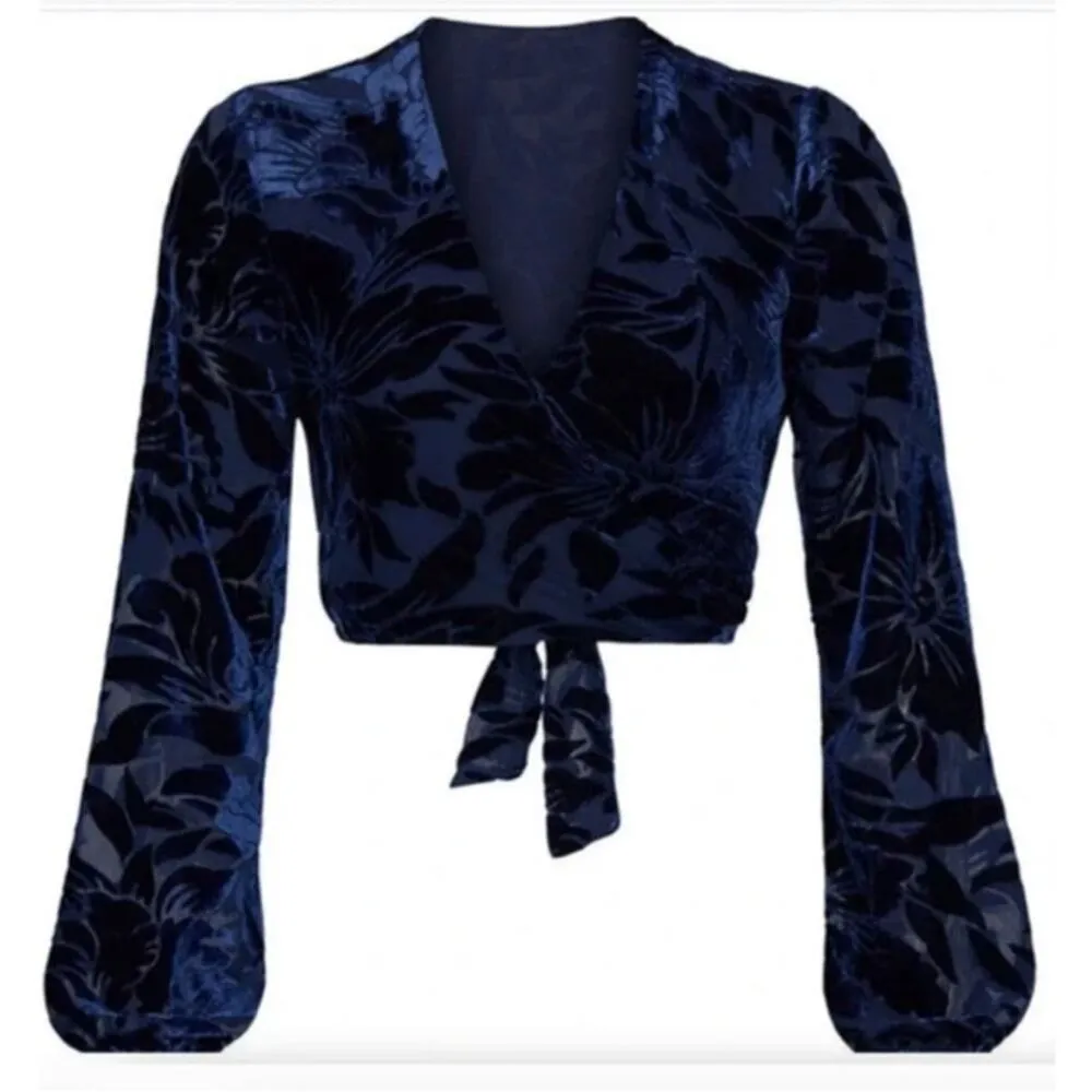 Hutch Claudia Dark Navy Crushed Velvet Wrap Crop Top, EUC, Medium, MSRP $198 - Image 2