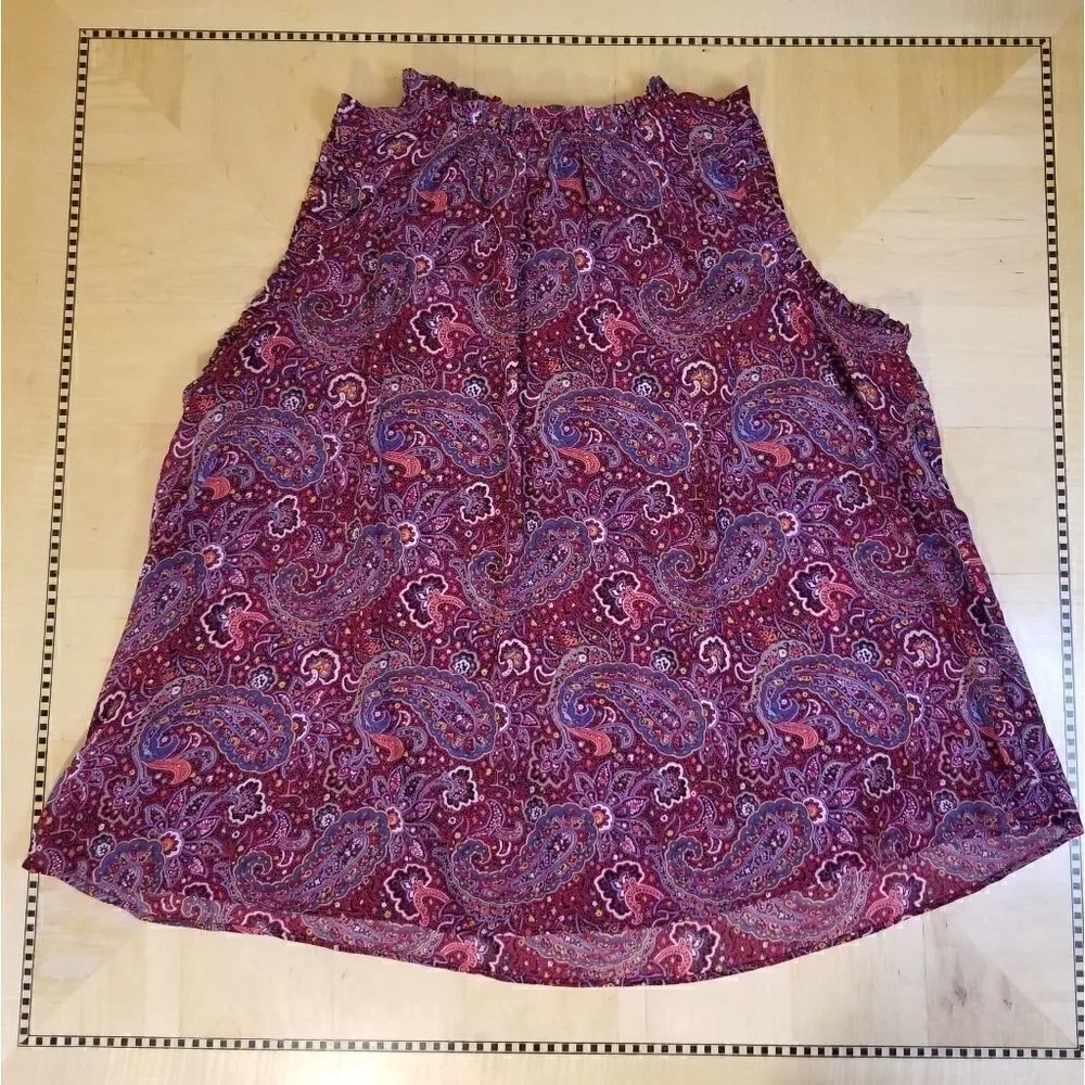 Gap Burgundy Sheer Paisley Ruffle Sleeveless High Neck Blouse Size Medium - Image 5