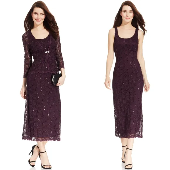 New! R&M RICHARDS Women's 2-Piece Sequined Lace Dress & Jacket Set Size 10 Plum - Image 2
