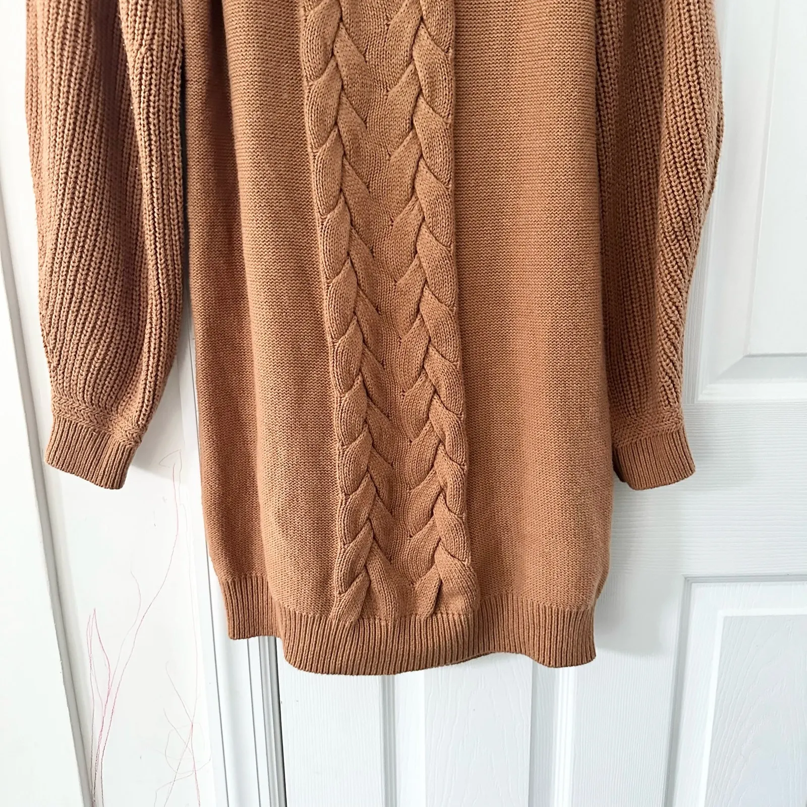 Caroline Constas Cable Knit Wool Sweater Dress Camel Tan Mock Neck Medium Cozy - Image 5