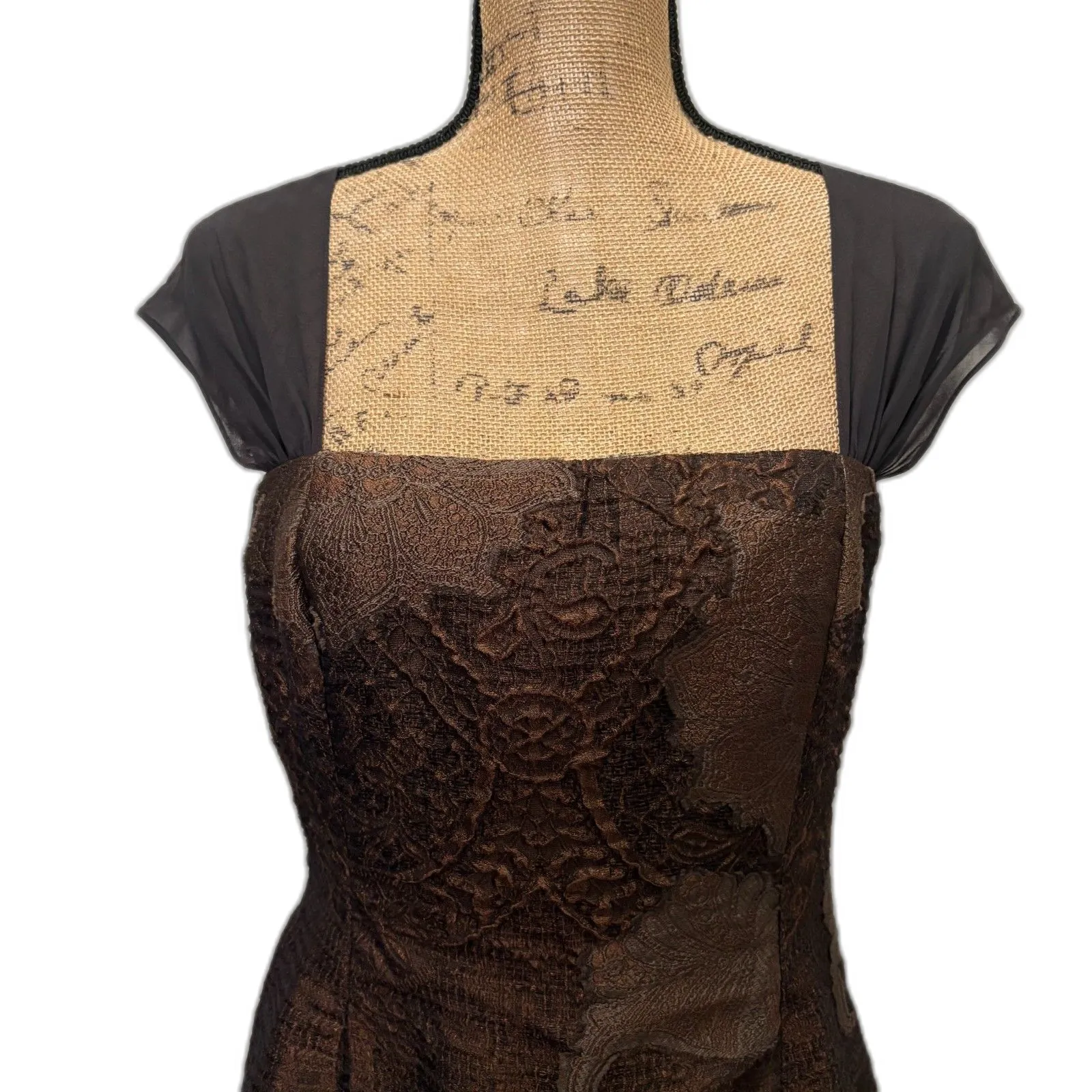 Worth New York Chocolate Brown Brocade Sheath‎ Dress & Bolero Shrug Silk Size 4 - Image 3