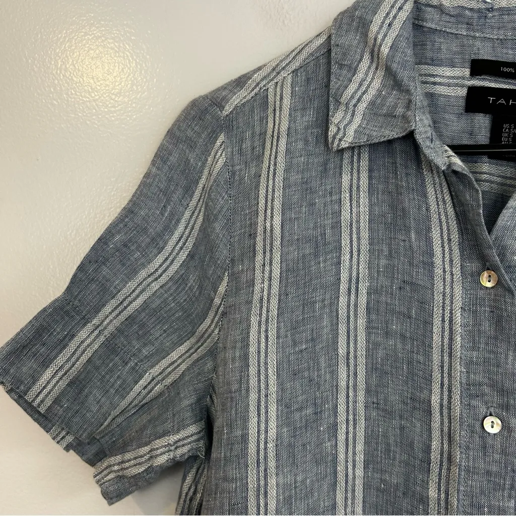 Tahari Chambray 100% Linen Striped Button Down Shirt Shift Dress Size Small - Image 3
