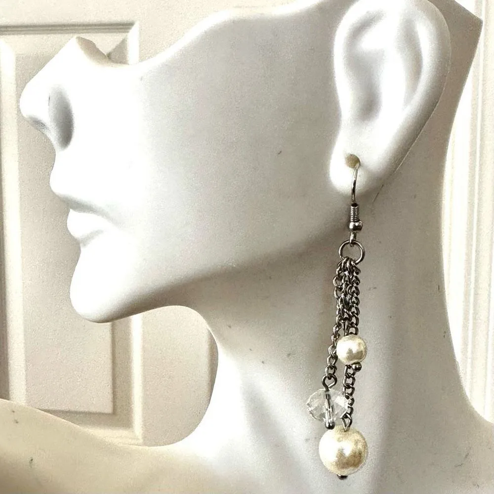 Faux pearl silver chain drop earrings - Image 2