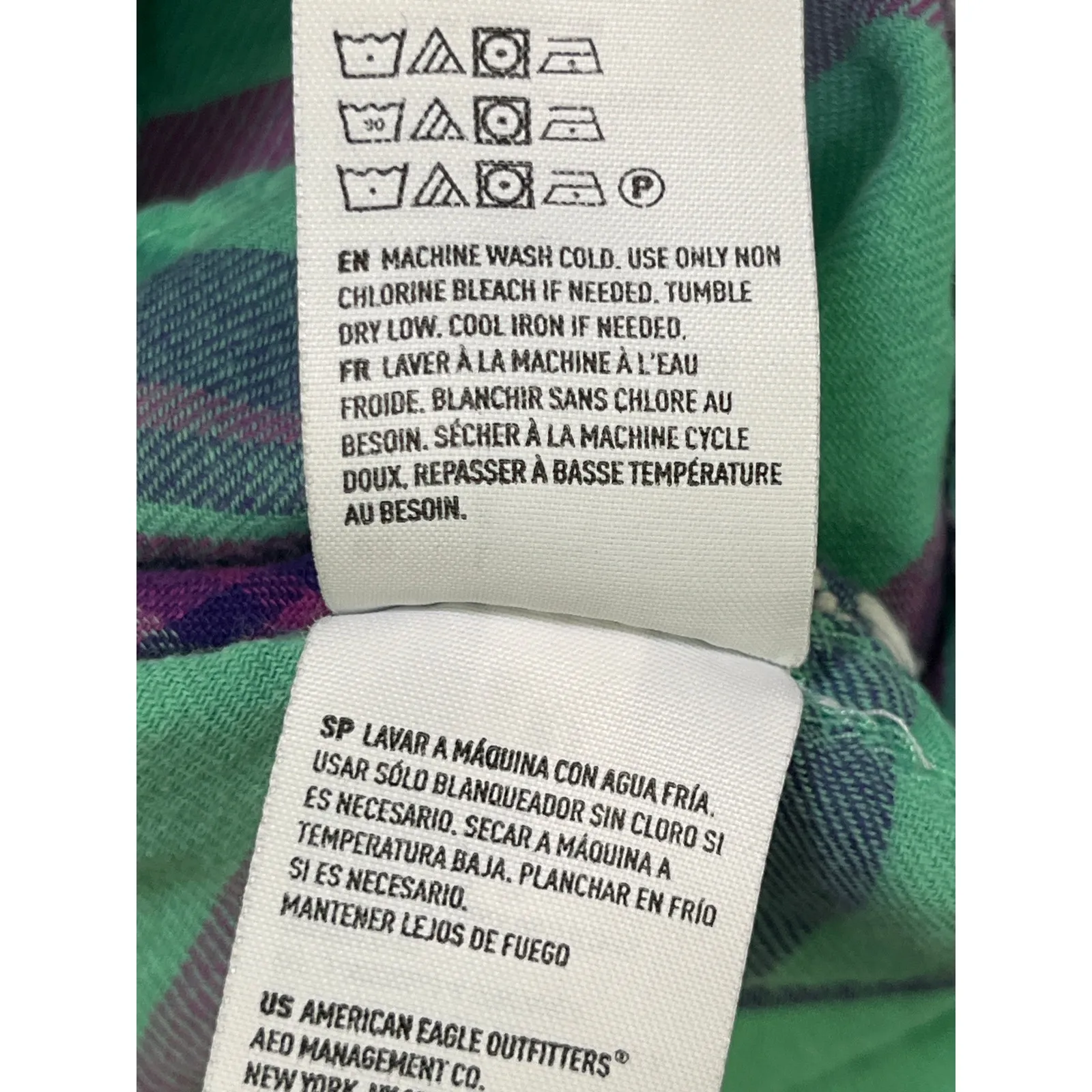American Eagle Vintage Boyfriend Green Purple Plaid Embroidered Shirt Size L - Image 9