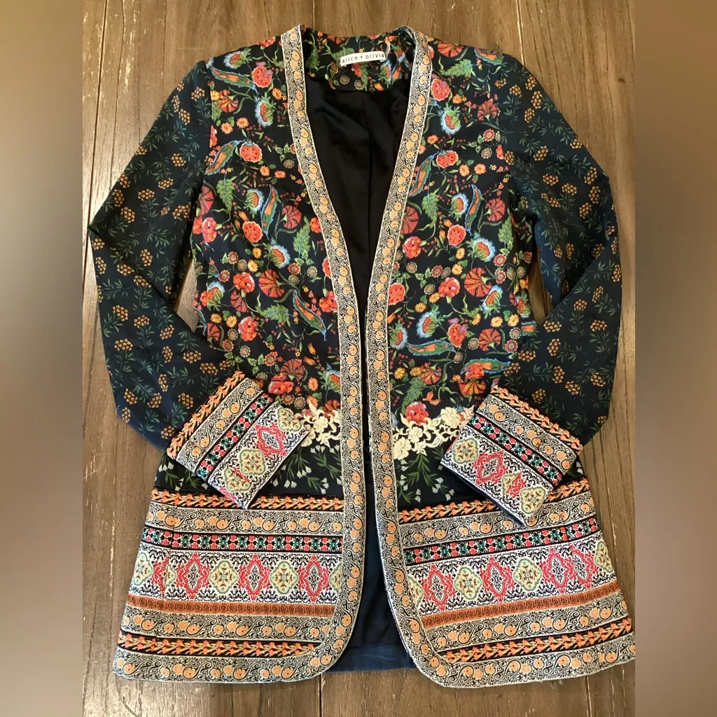 ALICE + OLIVIA Chriselle Floral embroidered Stretch cotton Blazer Paradise XS - Image 8