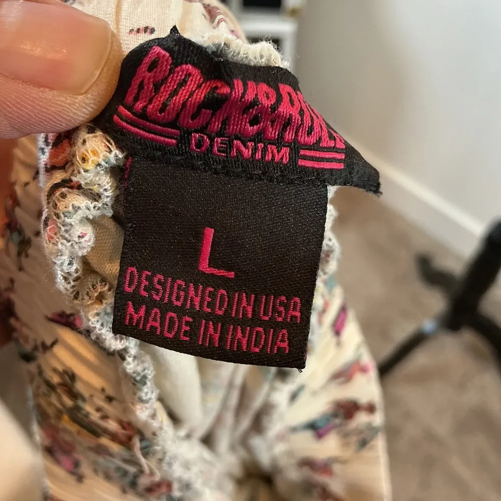 Rock & Roll Denim Tropical Print Ruffle Mini Skirt Elastic‎ Waist L Tan Size L - Image 5