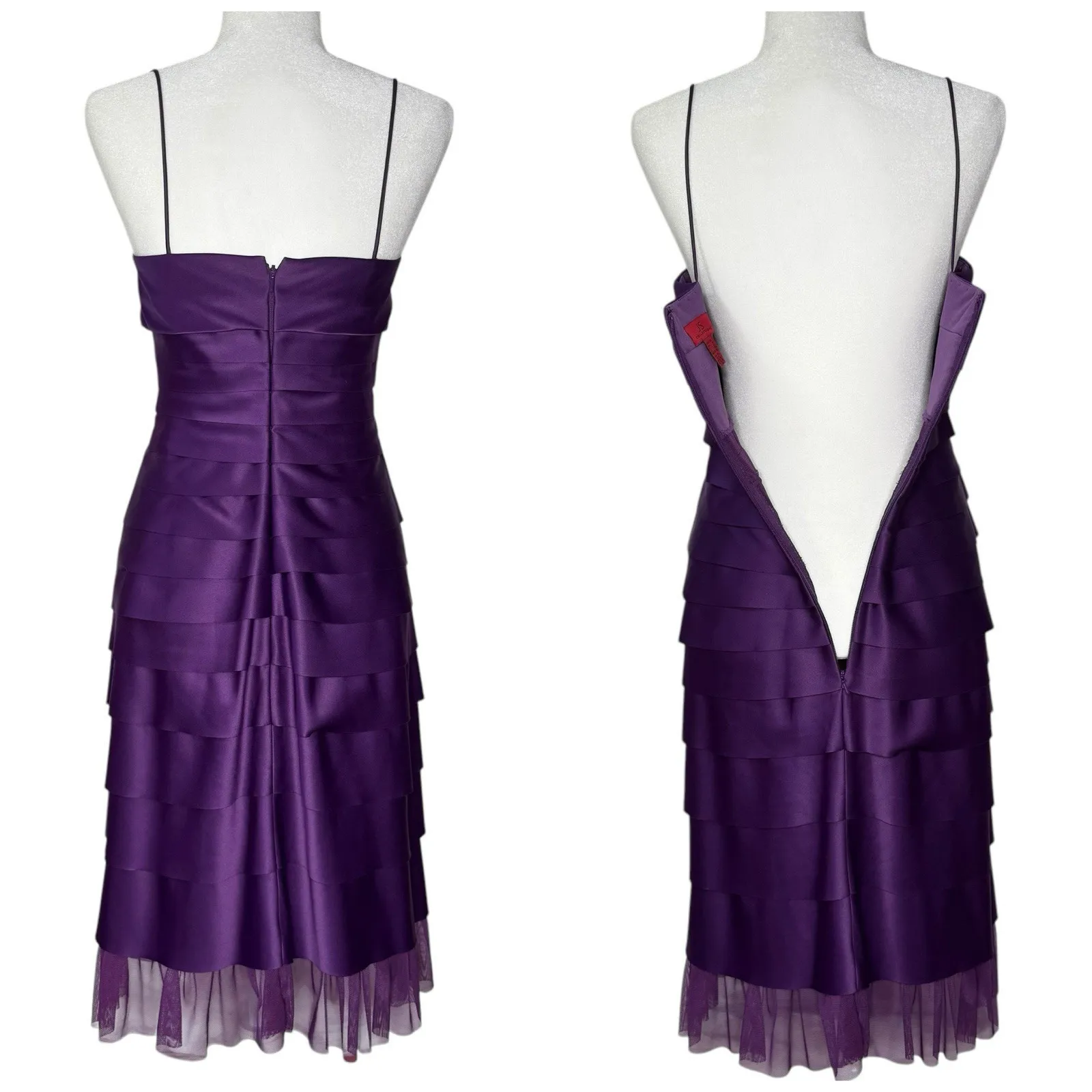 VTG Y2K JS Collection‎ Dress 6 Mermaid Scalloped Ruffle Layered Purple Satin - Image 5