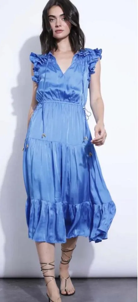 Karina Grimaldi Sabrina Maxi Dress Tiered Short Sleeve Silk Blend Blue Size XS - Image 1