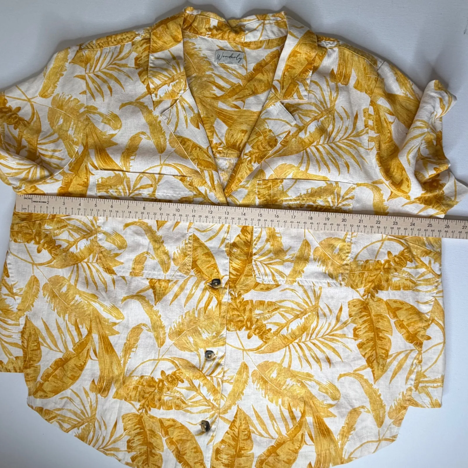 Wonderly Tropical Leaf Print Linen Blend Button Up Shirt Sz 2X/3X Yellow Resort - Image 7