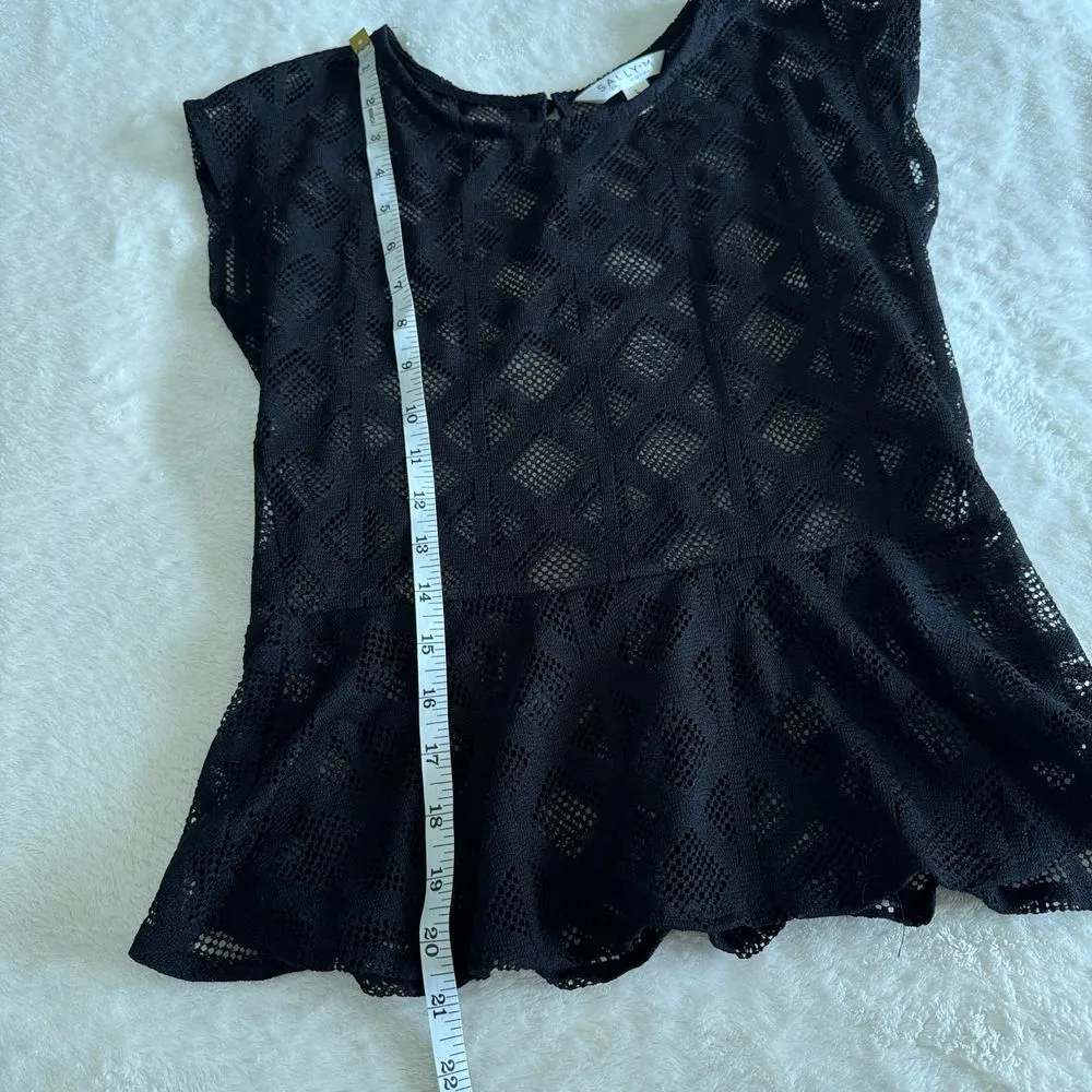Sally Miller‎ Peplum Top Blouse Womens L Black Semi Sheer Out Goth Boho Coquette - Image 8
