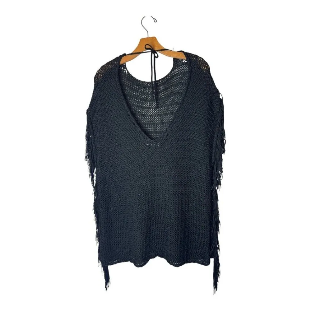 Zara Sweater Women‎ Small Black Open Knit V Back Fringe Sides Short Sleeve Tunic - Image 2