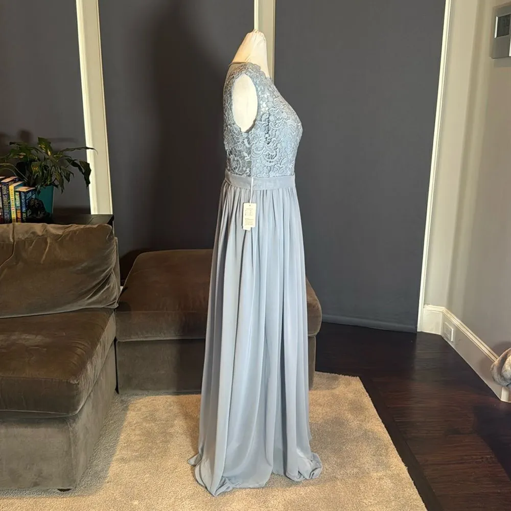 Women’s Blue Gray Chiffon & Lace Full Length Bridesmaid Formal Dress Size 12 NWT Blue - Image 3