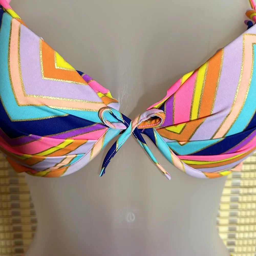 Victoria's Secret 2 Piece Bikini Bright Rainbow Chevron Stripes Halter Top M - Image 6