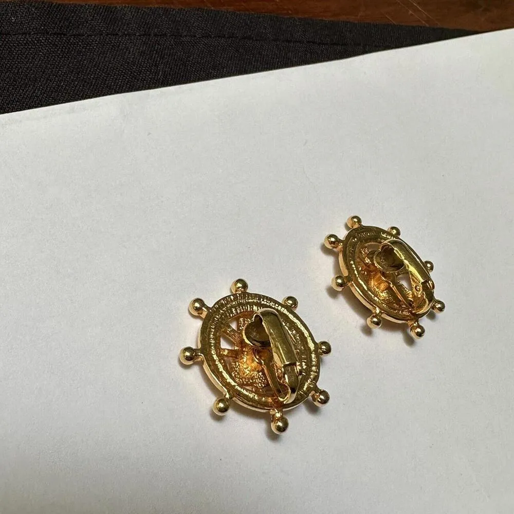 Avon Nautical Clip On Earrings Enamel Sailboat Ship Wheel Gold Tone - Image 8