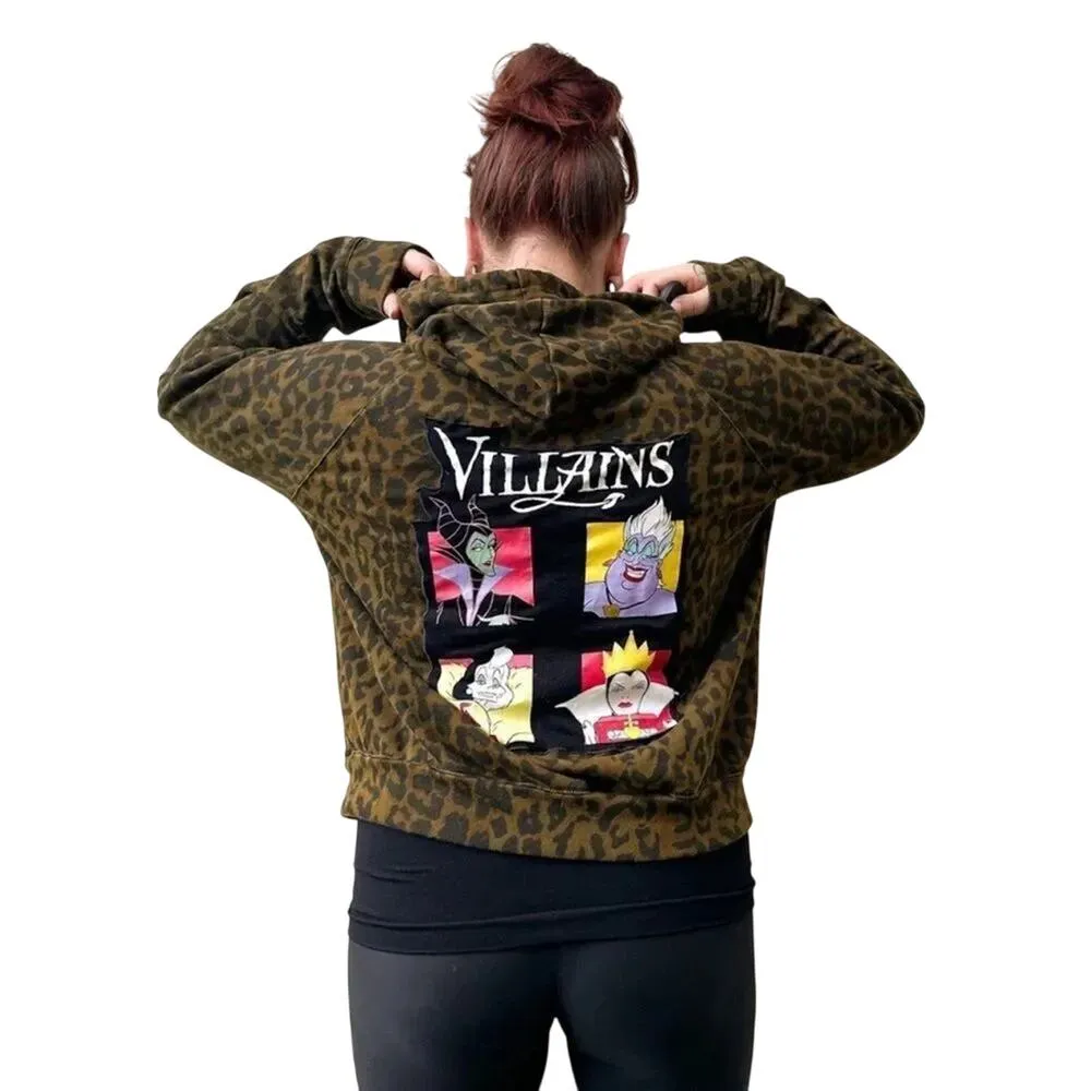 Disney Villain Graphic Zip Up Hoodie Olive Green Leopard Print Size Medium OOAK - Image 13