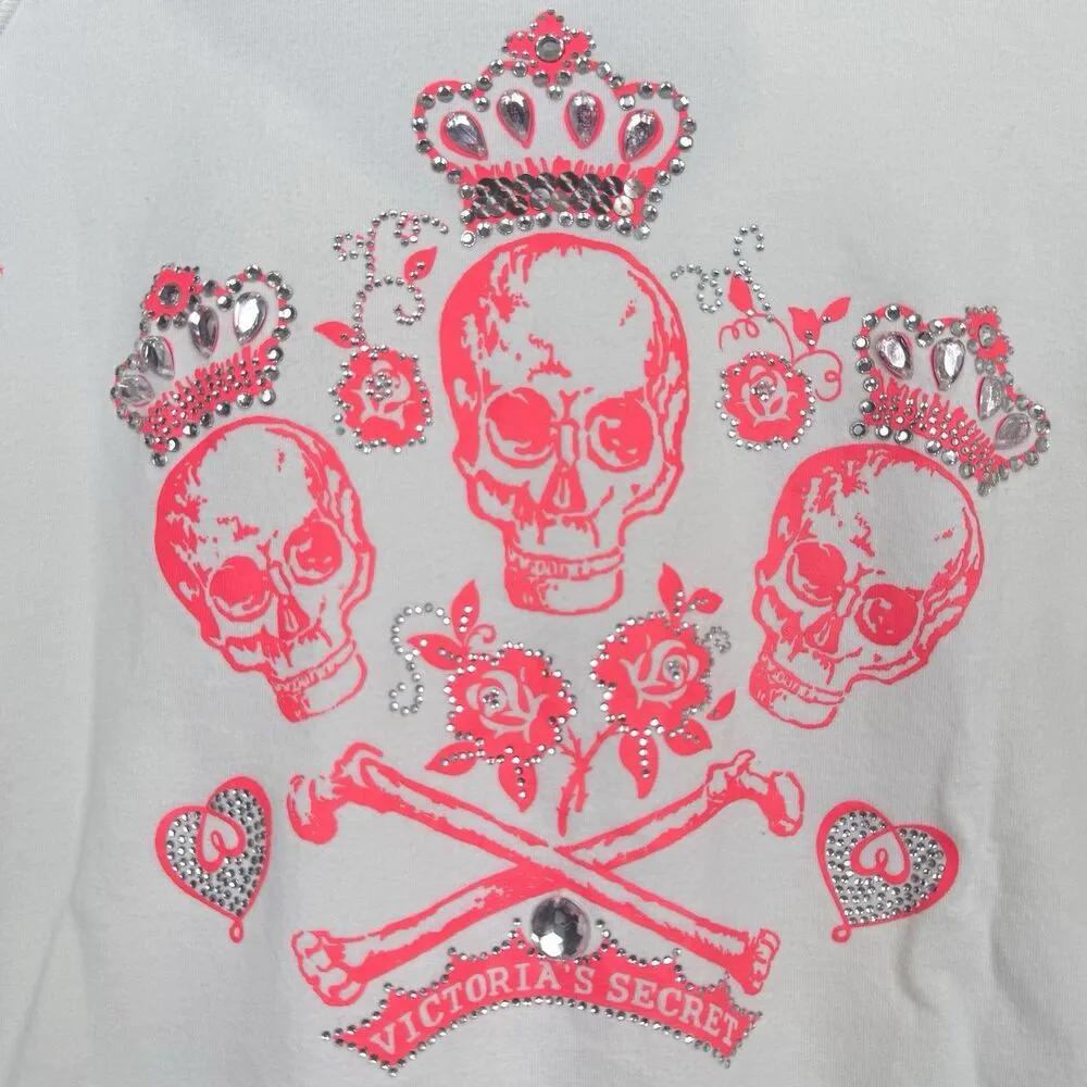Y2K Victoria’s Secret White Pink Rhinestone Skull Full Zip Hoodie Jacket Small - Image 3