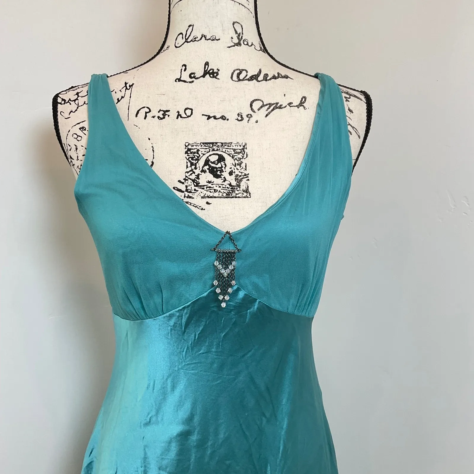Antonio Melani Teal Silk Slip Dress Beaded Empire Waist Size 6 - Image 2