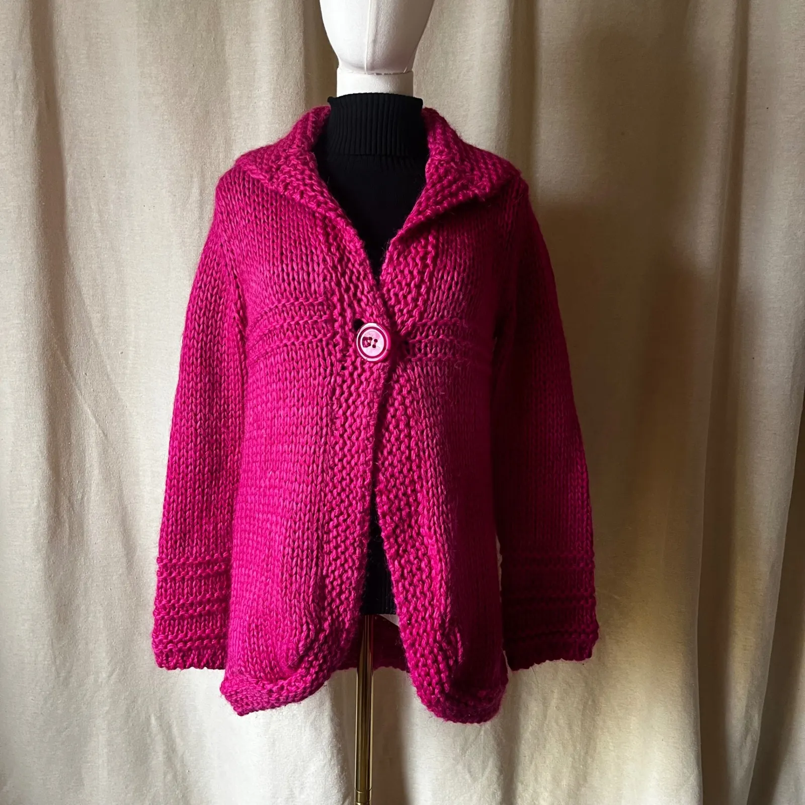 Berretti Italy Chunky Knit Fuchsia Cardigan Mohair Alpaca Single Button Sweater Pink Size L - Image 2