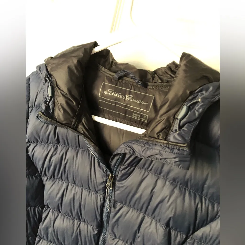 Eddie Bauer Women down Puffer long jacket hoodie Coat sz S lightweight full zip - Image 9