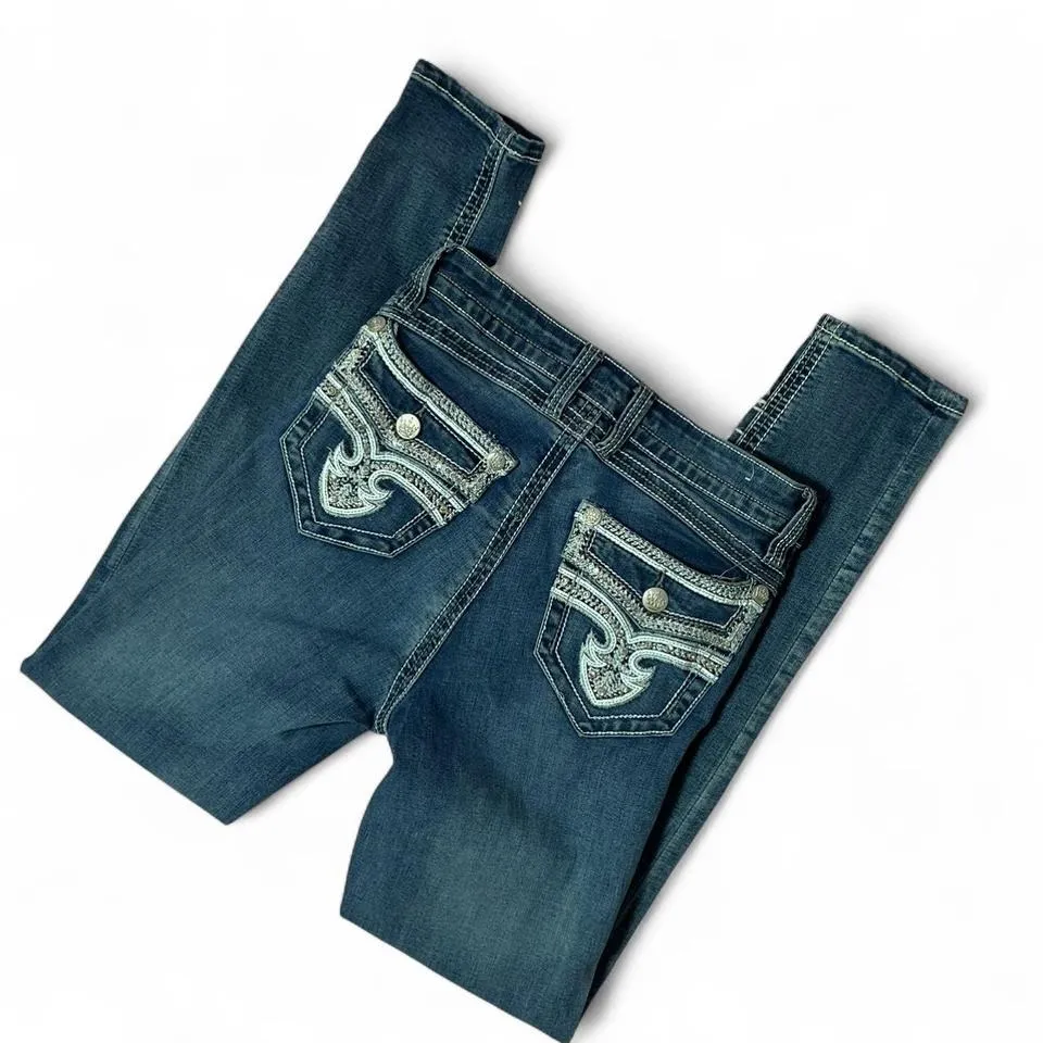 Rebel Soul Skinny Jeans Embellished Pockets Dark Wash‎ Denim Blue Size 6 - Image 3