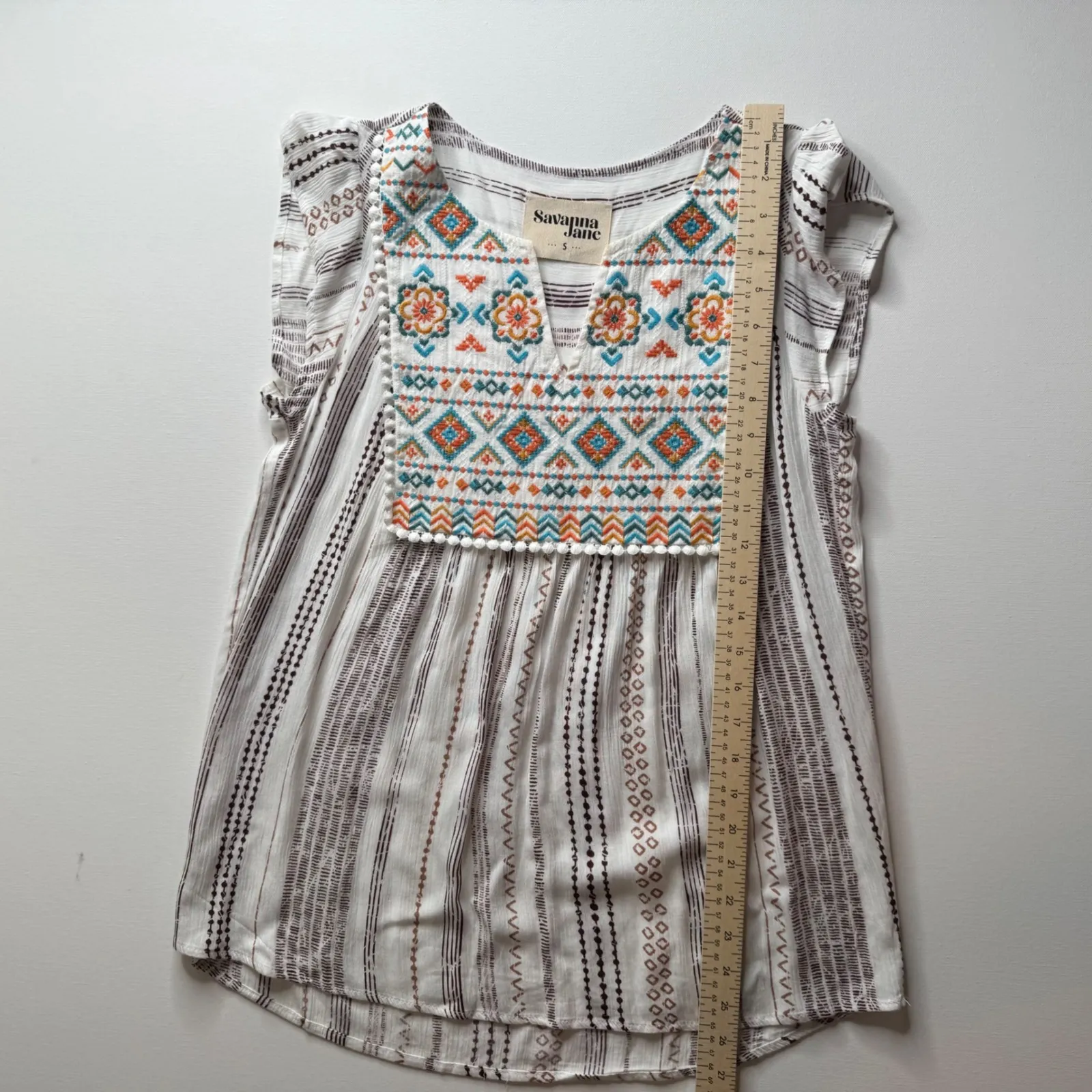Savanna Jane‎ Embroidered Aztec Blouse Small Peasant Boho Chic Lightweight Flowy White - Image 7